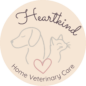 A circular logo showing the outline of a dog and cat in gray with a pink heart below and the words Heartkind on top and Home Veterinary Care at the bottom