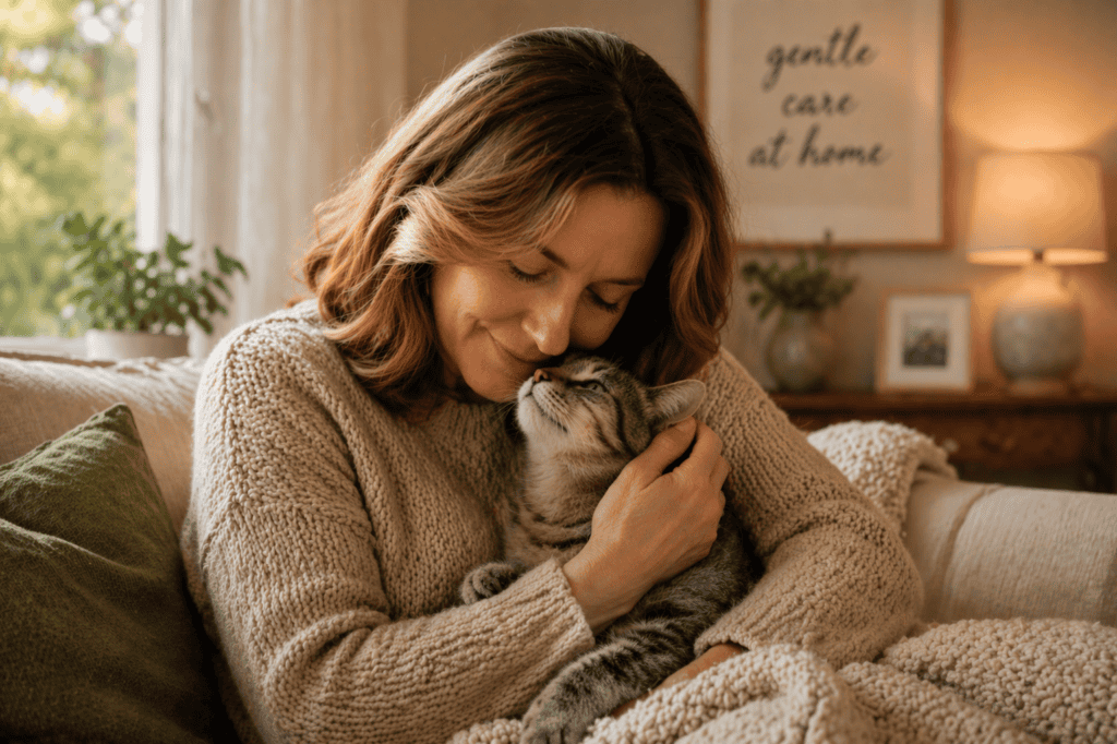 Woman cuddling her cat at home, emphasizing compassionate veterinary care.