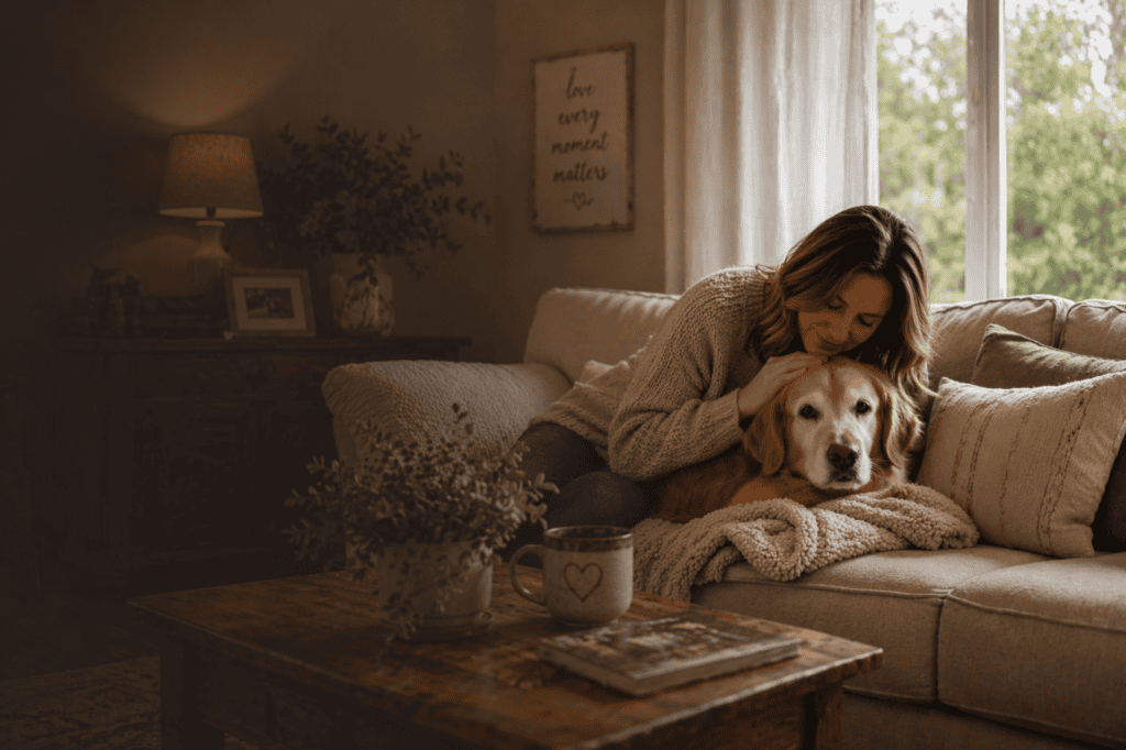 A woman cuddles a golden retriever on a beige sofa in a cozy living room by a sunlit window.